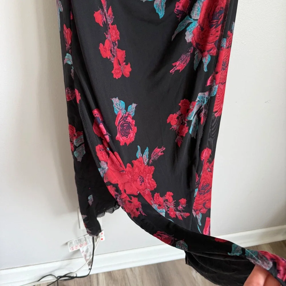 Free People Floral Mesh Maxi Dress Black Red Sleeveless XL‎ Stretch Sexy Cowl